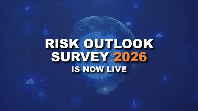 Risk Outlook Survey 2026 is Now Live Text sitting in from of blue background with planet hologram