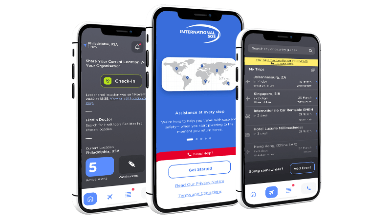 mobile mockup of the International SOS app
