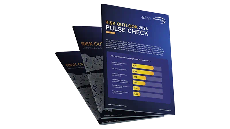 mockup of the Risk Outlook 2026 Pulse Check Report by International SOS in partnership with Echo Research