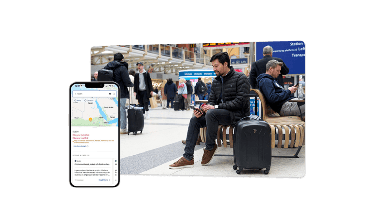 international sos client consulting assistant app while in a train station in London