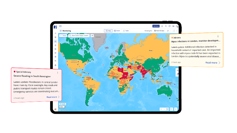 mockup of critical event management platform, tablet with quantum screenshot and two advisory alert boxes