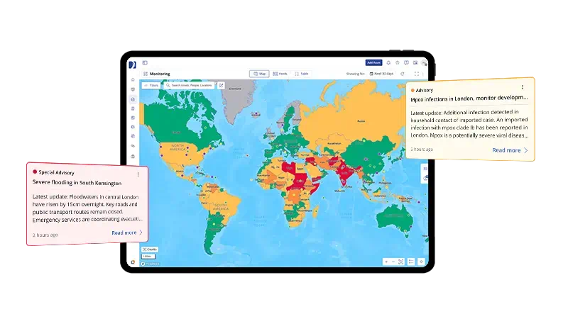 mockup of critical event management platform, tablet with quantum screenshot and two advisory alert boxes